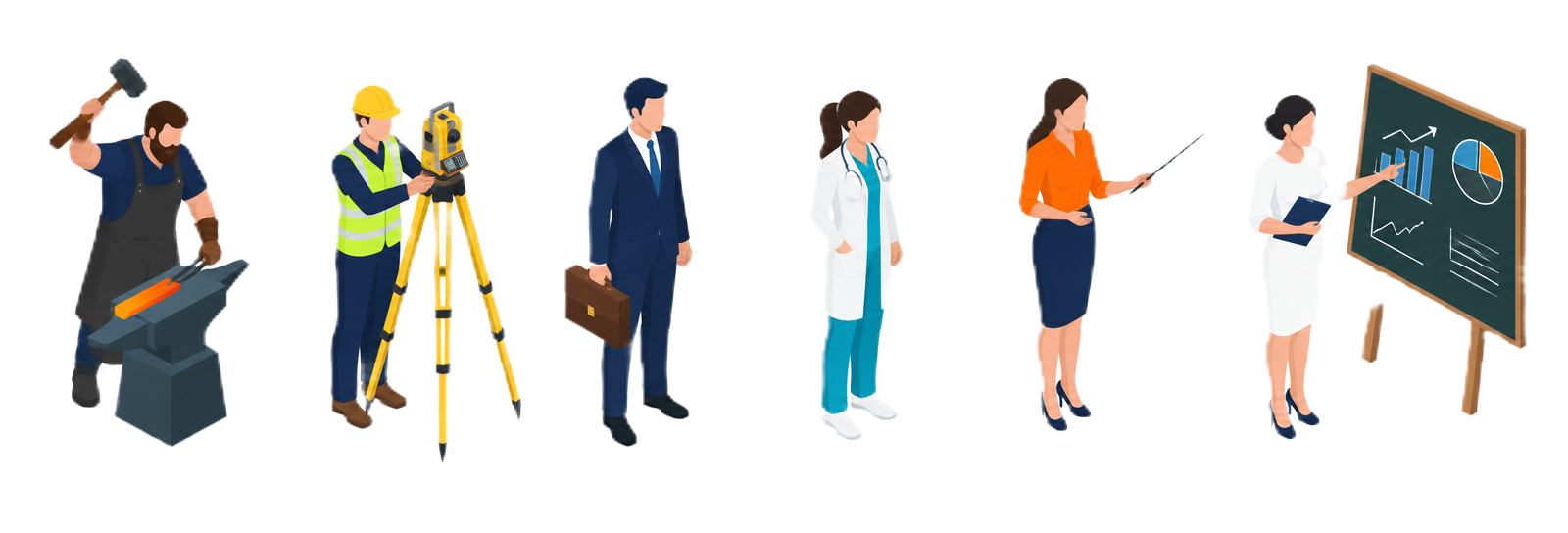 Isometric illustrations of a blacksmith, land surveyor, executive, clinician, presenter and teacher